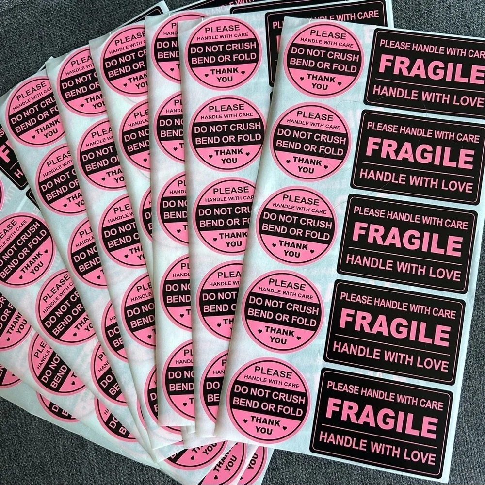 Count of 100 - Fun, Neon Pink + Black Rectangular + Circular FRAGILE Stickers